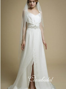 Spaghetti Long A-line Chiffon Satin Wedding Dresses, Country Wedding Dresses With Beaded Belt