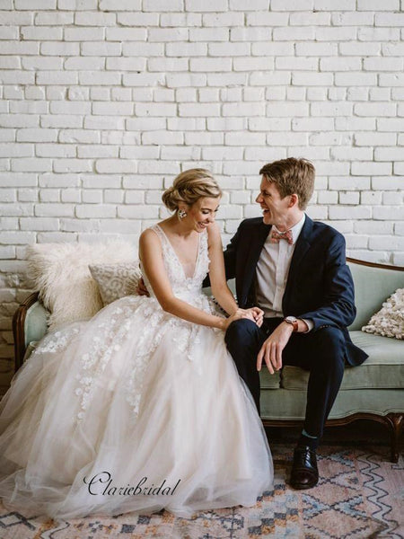 Fancy A-line Wedding Dresses, Appliques Elegant Bridal Gowns, V-neck Wedding Dresses