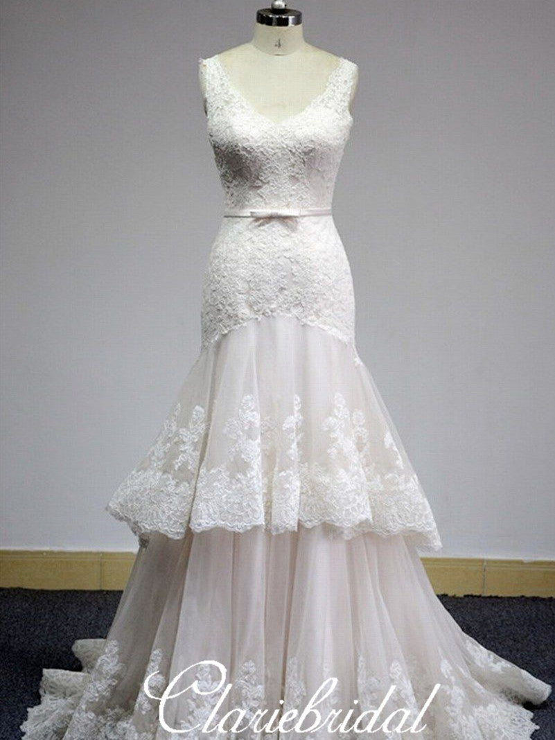 V-neck Long Mermaid Lace Tulle Elegant Wedding Dresses