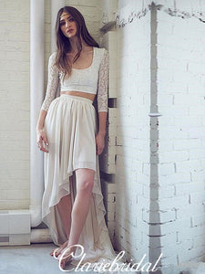 2 Pieces Lace Top Chiffon Hi-low Long Wedding Dresses, Boho Wedding Dresses