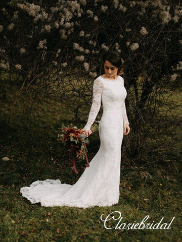 Long Sleeves Lace Mermaid Wedding Dresses, Bridal Gown