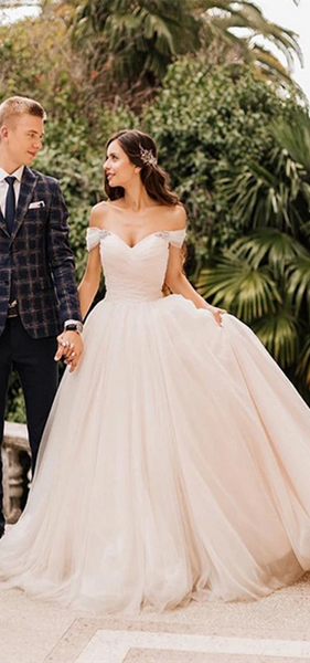 Off Shoulder Tulle Long A-line Wedding Dresses, Little Train Wedding Dresses, Long Wedding Dresses