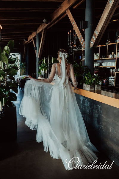 Gorgeous Ivory Tulle Long A-line Wedding Dresses, Bridal Gown