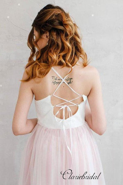 Spaghetti Boho Simple Pale Pink Tulle Wedding Dresses