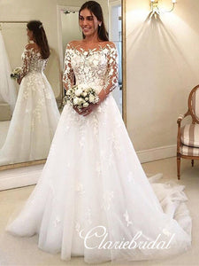 Long Sleeves Lace Tulle Wedding Dresses, Long Wedding Dresses, Elegant Long Wedding Dresses