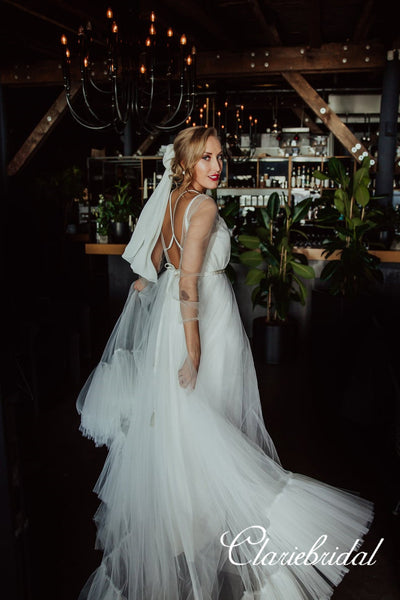 Gorgeous Ivory Tulle Long A-line Wedding Dresses, Bridal Gown