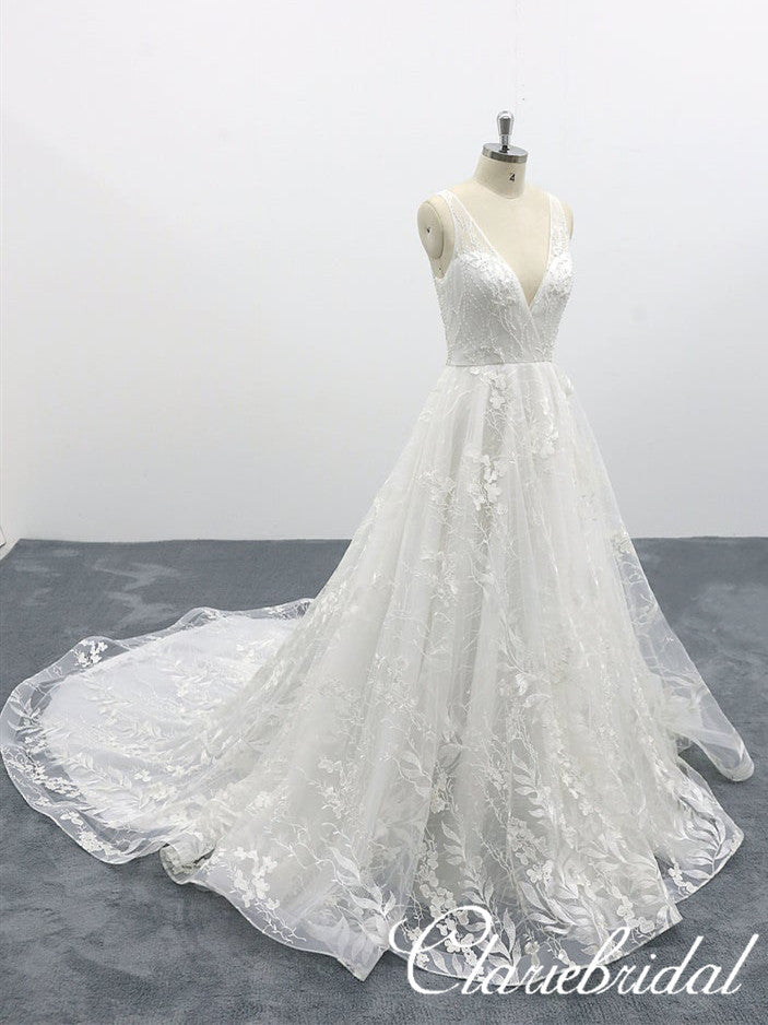 V-neck Sleeveless Lace Tulle Long Wedding Dresses, Bridal Gown