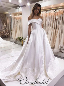 Off Shoulder Satin Lace Wedding Dresses, Long Wedding Dresses