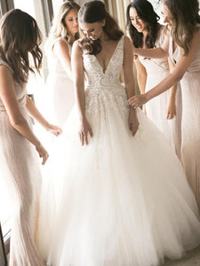 V-neck Lace Beaded Wedding Dresses, A-line Tulle Wedding Dresses, Wedding Dresses