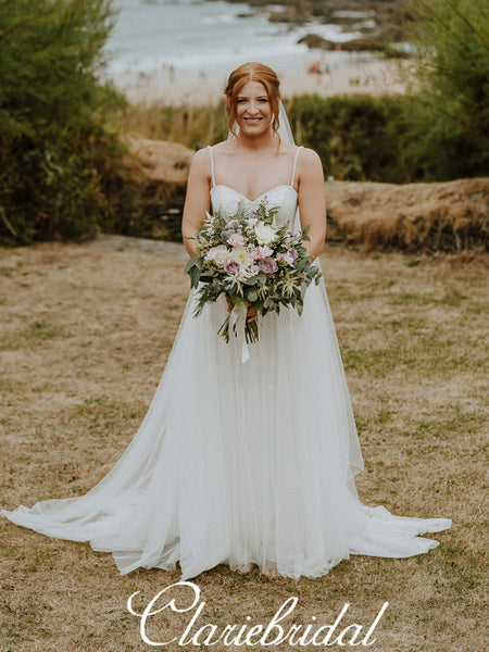 Straps Beaded Long A-line Tulle Ivory Country Wedding Dresses