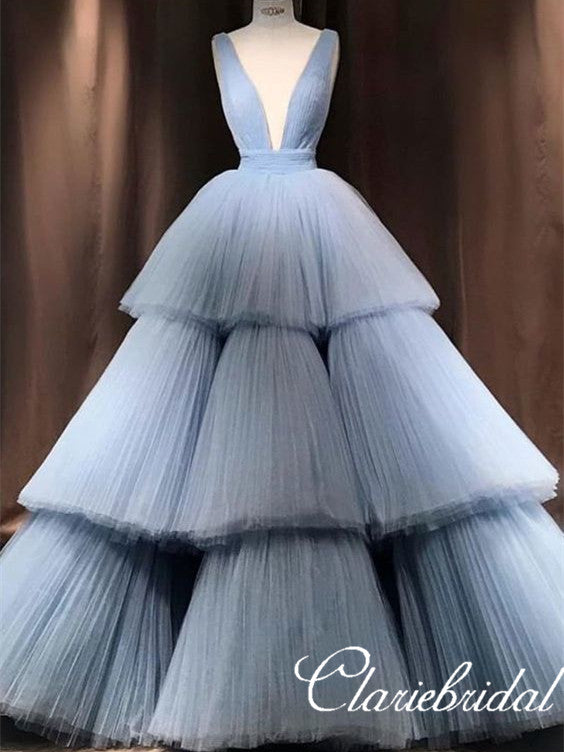 Deep V-neck Luvury Blue Tulle Bridal Gown, Long Wedding Dresses