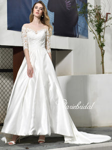 Half Sleeves Lace Satin Wedding Dresses, Long Wedding Dresses, Ivory Satin Lace Wedding Dresses