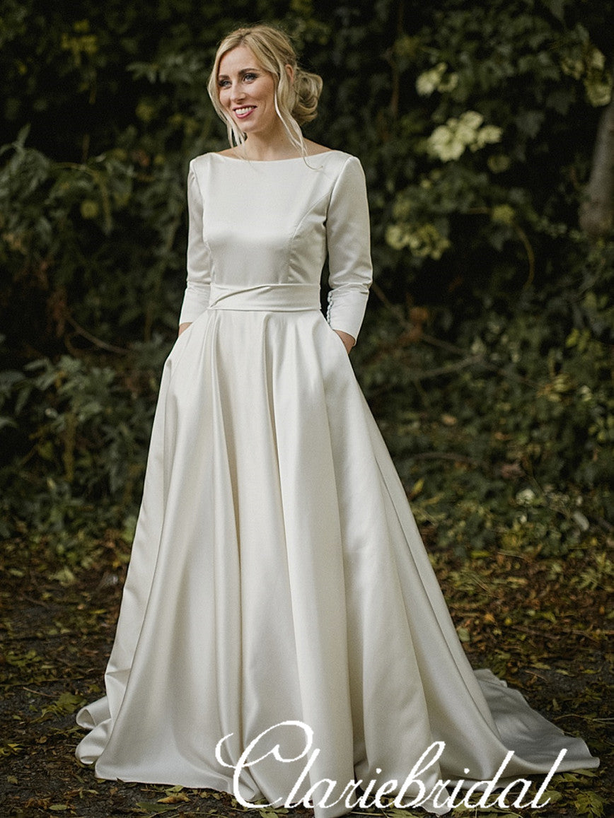 Backless Long Sleeves Ivory Satin Beaded A-line Wedding Dresses