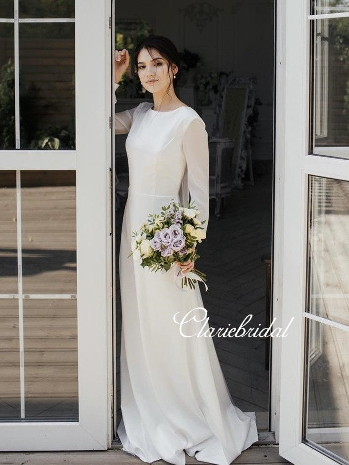 Long Sleeves Ivory Chiffon Satin Wedding Dresses, Country Wedding Dresses, Long Wedding Dresses