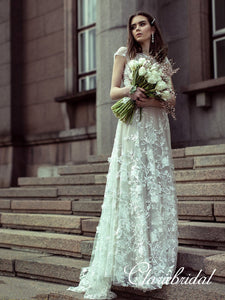 Cap Sleeves Lace Tulle Long Wedding Dresses, Lace Wedding Dresses