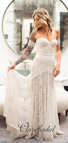 Ivory Lace Mermaid Country Wedding Dresses, Long Wedding Dresses, Bridal Gown