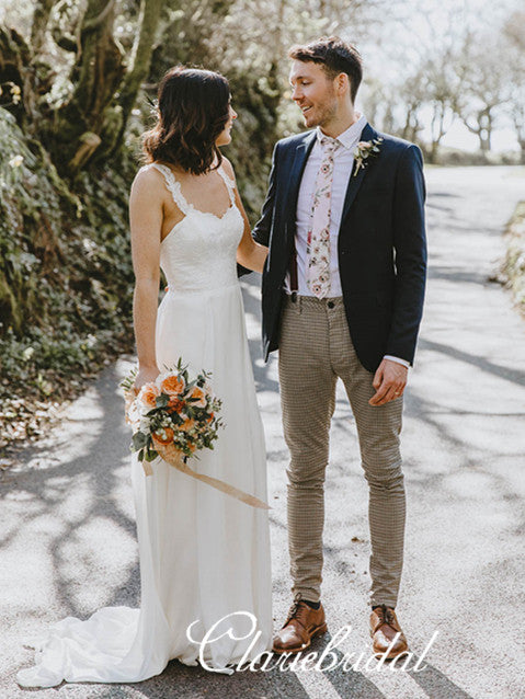 Straps Long A-line Chiffon Lace Country Wedding Dresses