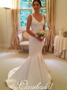 V-neck Straps Long Mermaid Ivory Satin Wedding Dresses, Bridal Gown