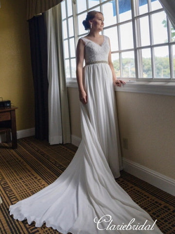 V-neck Lace Top Chiffon A-line Long Train Wedding Dresses