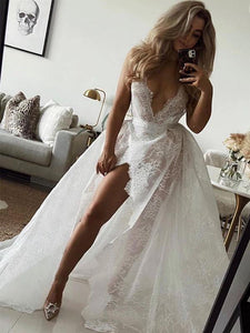 Deep V-neck Lace A-line Wedding Dresses, See Through Sexy Wedding Dresses, Bridal Gowns