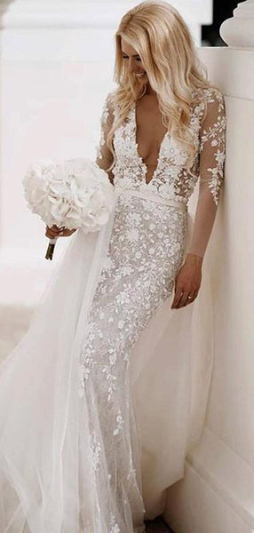 Deep V-neck Long Sleeves Lace Wedding Dresses, Mermaid Appliques Lace Wedding Dresses