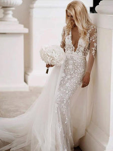 Deep V-neck Long Sleeves Lace Wedding Dresses, Mermaid Appliques Lace Wedding Dresses