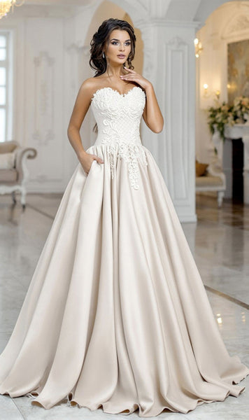 Sweetheart Long A-line Lace Satin Wedding Dresses, Elegant Wedding Dresses, Long Wedding Dresses