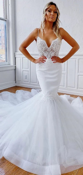 Spaghetti Long Mermaid White Lace Tulle Wedding Dresses, Long Train Wedding Dresses, Mermaid Wedding Dresses