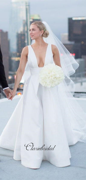 Wide V-neck Sexy A-line White Wedding Dresses with Pockets, Fancy Simple Bridal Gowns