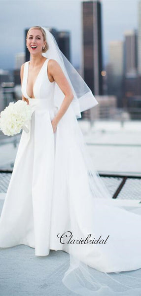 Wide V-neck Sexy A-line White Wedding Dresses with Pockets, Fancy Simple Bridal Gowns