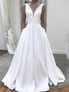 V-neck Long A-line Wedding Dresses, Simple Satin Wedding Dresses, Bridal Gown