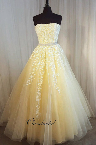 Gorgeous Strapless Lace Prom Dresses, A-Line Beaded Elegant Prom Dresses