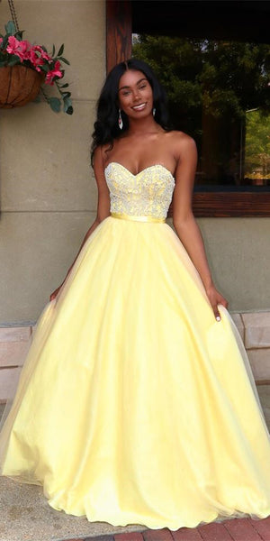 Sweetheart Long A-line Yellow Tulle Beaded Prom Dresses, Lovely Prom Dresses, 2021 Prom Dresses