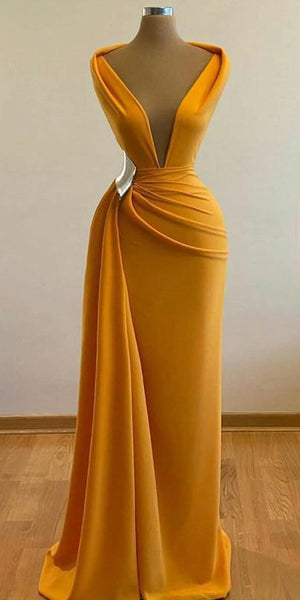 Deep V-neck Long Sheath Yellow Prom Dresses, Formal Evening Dresses, 2021 Prom Dresses
